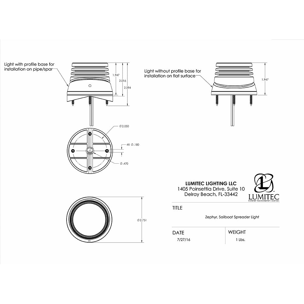 Lumitec Zephyr LED Spreader / Deck Light - Base blanche brossée - Blanc sans gradation [101325]