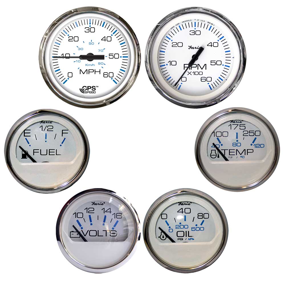 Faria Chesapeake White w/Stainless Steel Bezel Boxed Set of 6 - Speed, Tach, Fuel Level, Voltmeter, Water Temperature Oil PSI - Inboard Motors [KTF063] - Tetron Marine Store