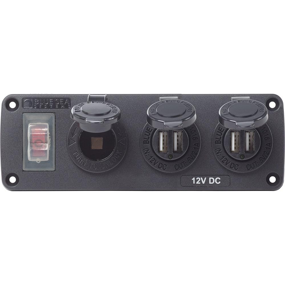 Blue Sea 4365 Water Resistant USB Accessory Panel - 15A Circuit Breaker, 12V Socket, 2x 2.1A Dual USB Chargers [4365] - Tetron Marine Store