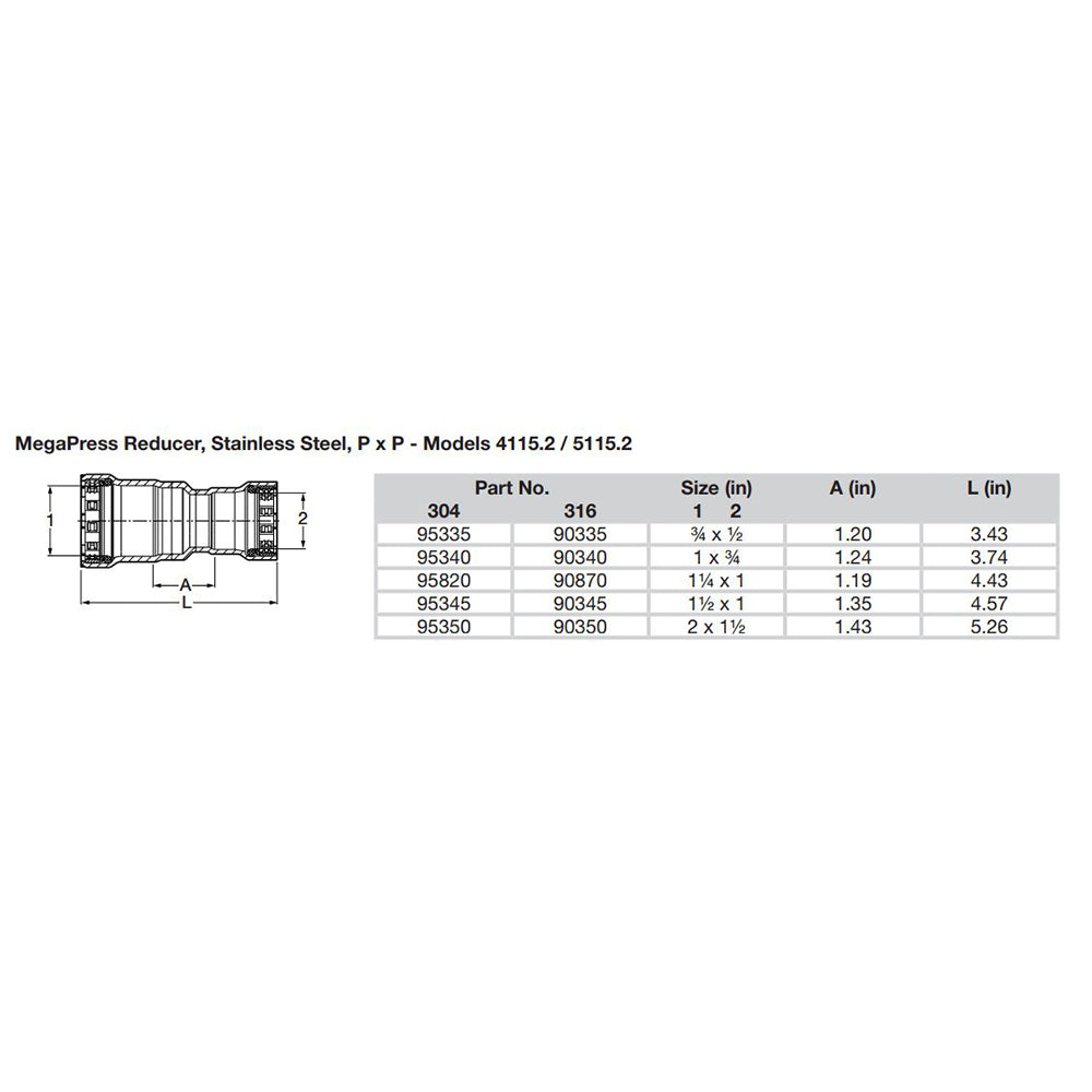 Viega MegaPress 3/4 Zoll x 1/2 Zoll Reduzierstück aus Edelstahl 304 – Doppelpressverbindung – Smart Connect-Technologie [95335]